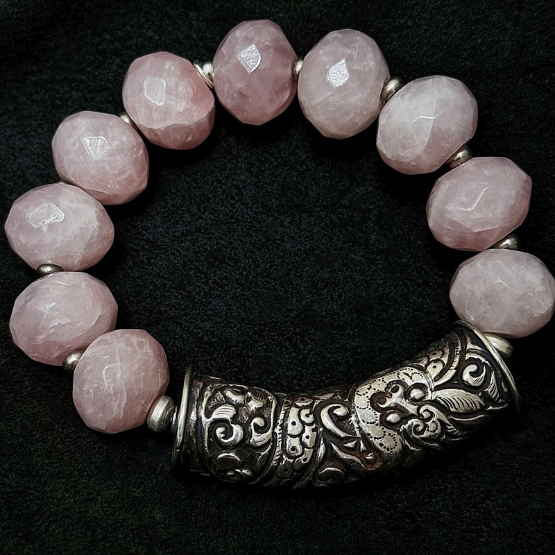 buddhapearls XXL Rosenquarz Armband mit Silber & tibetischem Donnerdrache | Studio Berlin