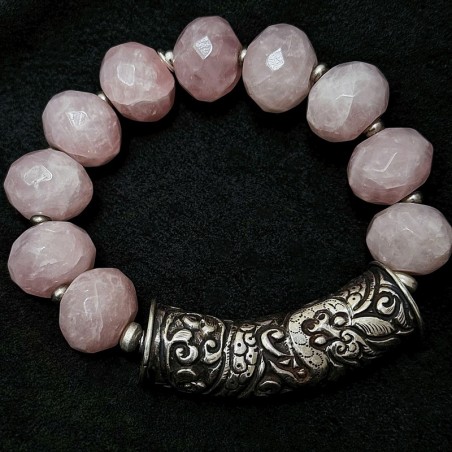 buddhapearls XXL Rosenquarz Armband mit Silber & tibetischem Donnerdrache | Studio Berlin