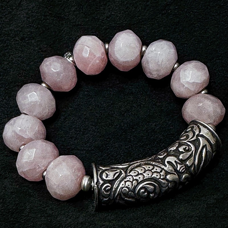 buddhapearls XXL Rosenquarz Armband mit Silber & tibetischem Donnerdrache | Studio Berlin