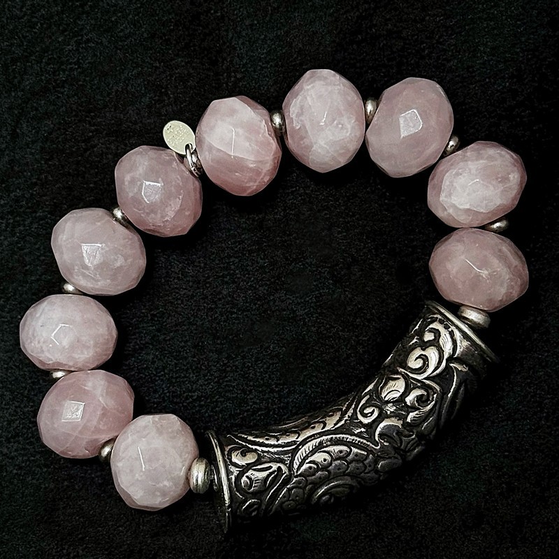 buddhapearls XXL Rosenquarz Armband mit Silber & tibetischem Donnerdrache | Studio Berlin